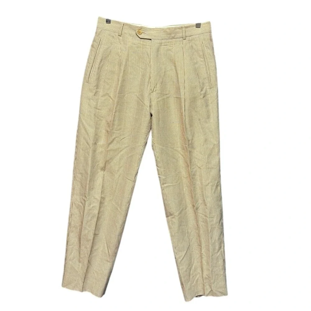 Hugo Boss Golf Player Mens Tan Micro Check Plaid Cotton Pleated Trousers 33x31
